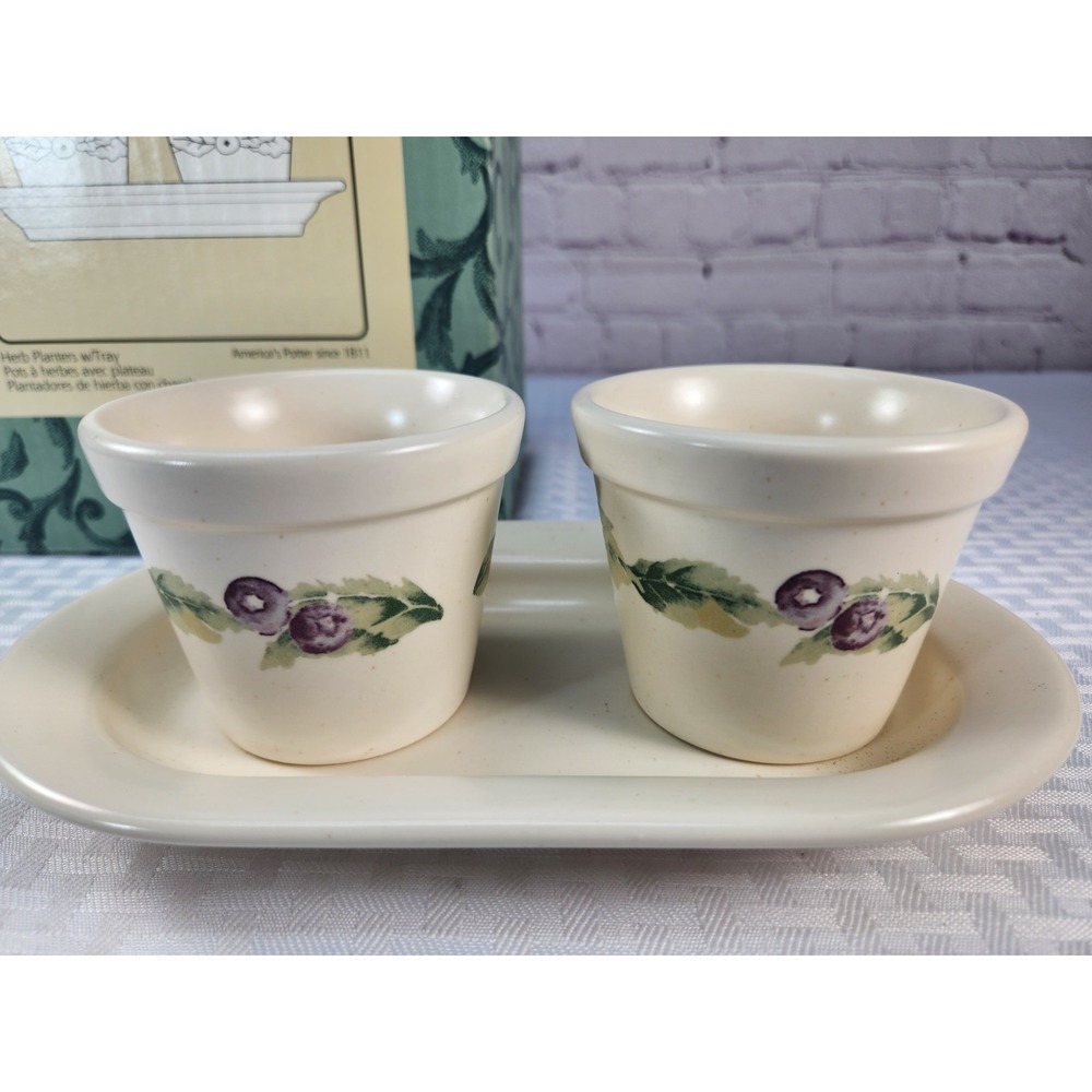 Pfaltzgraff Jamberry 2 Herb Flower Pots & Undertray Stoneware Plants Vintage